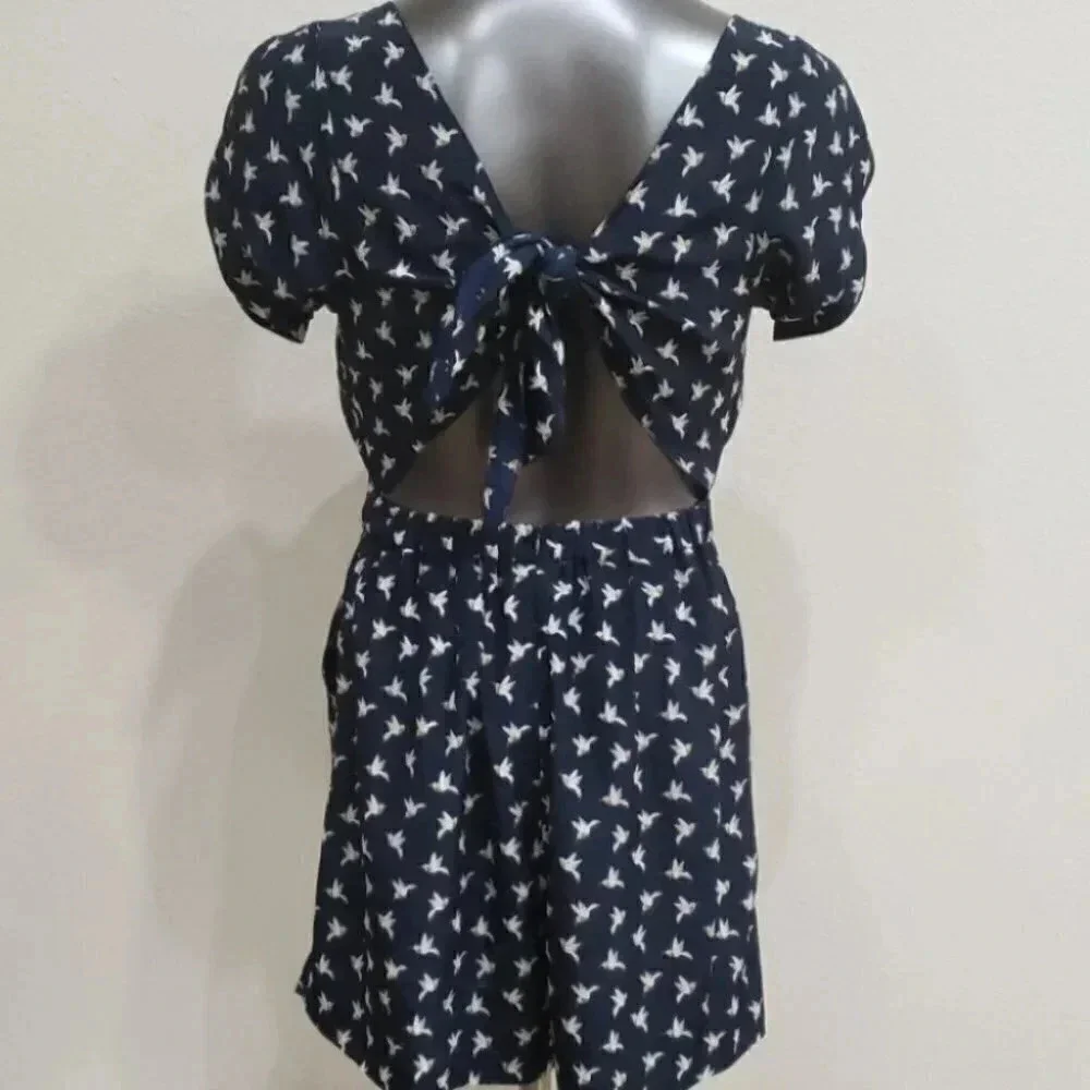 Aijek Bird Print Open Back Romper